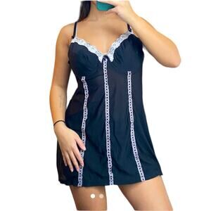 Vintage 90’s Y2K Rampage Black White Lace Trim Babydoll Slip Mini Dress Size S
